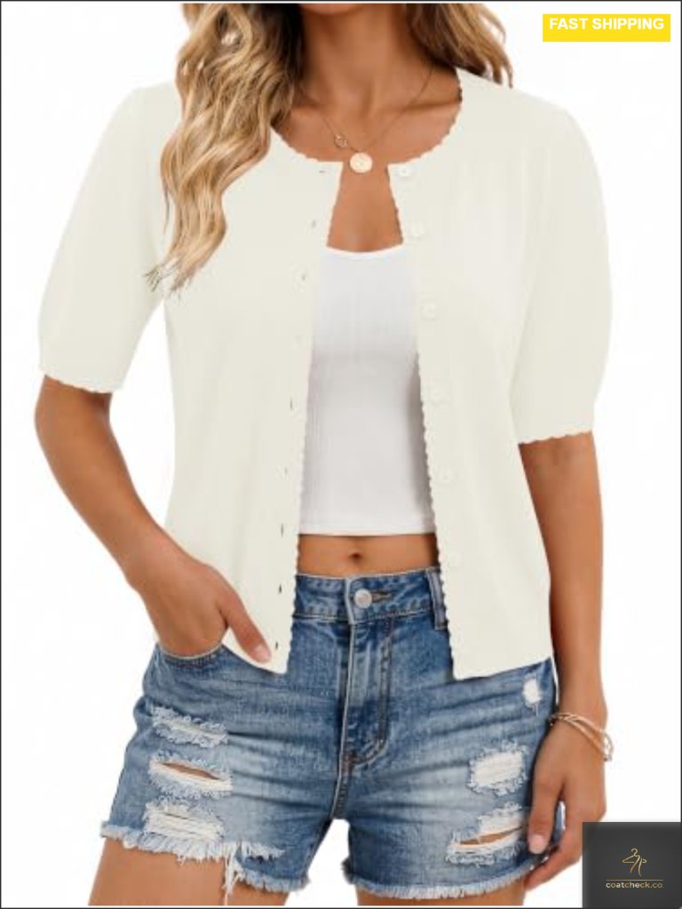Short Sleeve Cropped Cardigan Women Lightweight Knit Button Up Business Casual